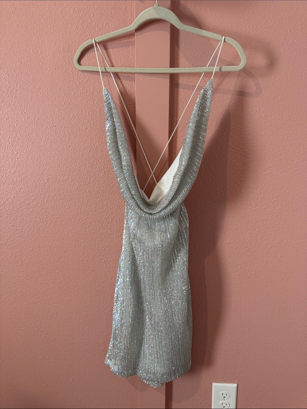 Silver Sequin Cowl Backless Mini Dress